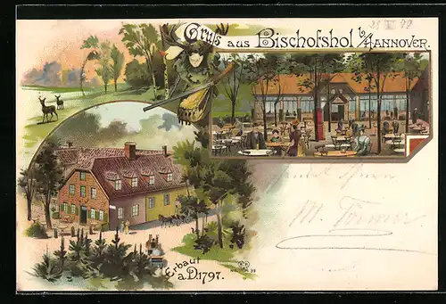 Lithographie Hannover, Gasthaus Bischofshol, Mehrfachansicht