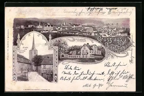 Lithographie Bad Blankenhain, Ortsansicht, Kirche und Superintendentur, Dr. Friedmanns Sanatorium