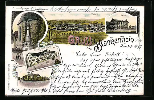 Lithographie Blankenhain, Bahnhof, Carl Friedrich Hospital, Kriegerdenkmal