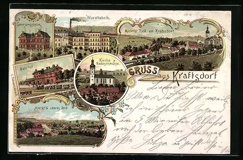 Lithographie Kraftsdorf, Wurstfabrik, Genesungsheim, Bahnhof