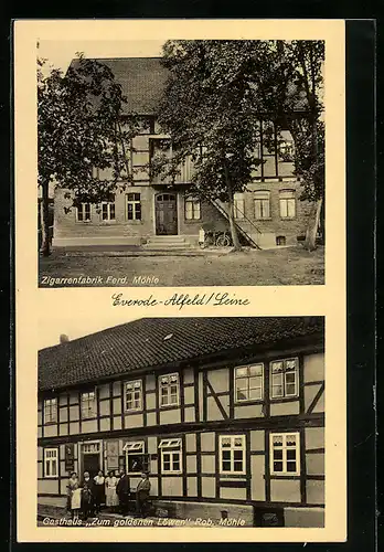 AK Everode-Alfeld /Leine, Zigarrenfabrik F. Möhle, Gasthaus zum goldenen Löwen R. Möhle