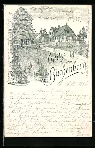 Lithographie Büchenberg, Gasthaus mit Strasse, Wildpark und Ausflüglern