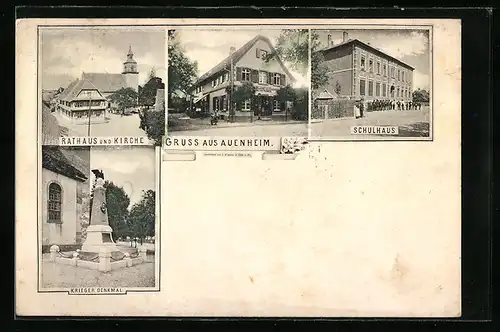 AK Auenheim, Geschäftshaus, Schule, Rathaus und Kirche, Kriegerdenkmal
