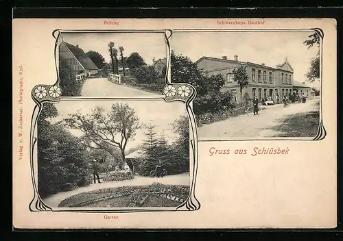 Passepartout-AK Schlüsbek, Schwarzkops Gasthof mit Strasse und Garten, Brücke