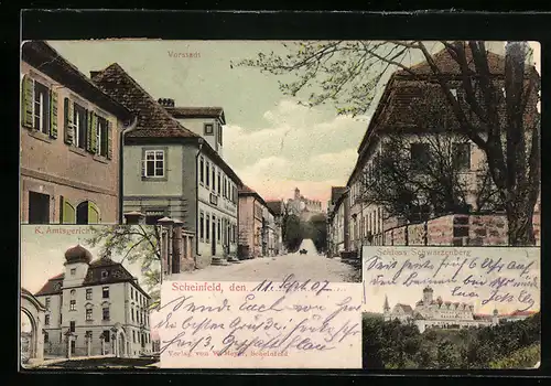 AK Scheinfeld, Strassenpartie in der Vorstadt, Amtsgericht, Schloss Schwarzenberg