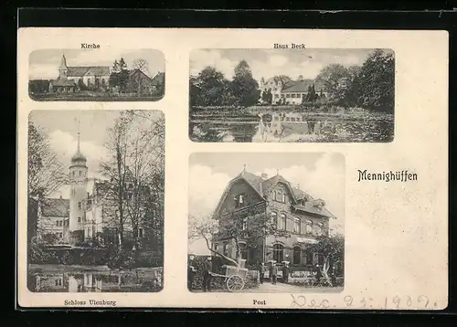 AK Mennighüffen, Post mit Briefträgern, Haus Beck, Schloss Ulenburg