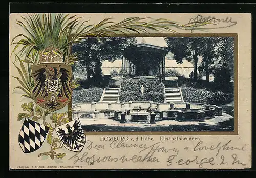 Passepartout-Lithographie Homburg v. d. H., Elisabethbrunnen mit Kaskadentreppen und Laubengang, Wappen