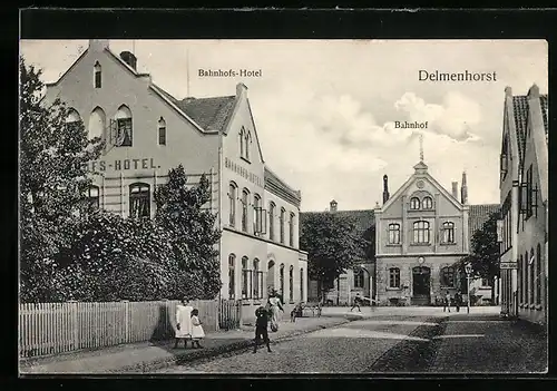 AK Delmenhorst, Bahnhofs-Hotel und Bahnhof mit Strasse
