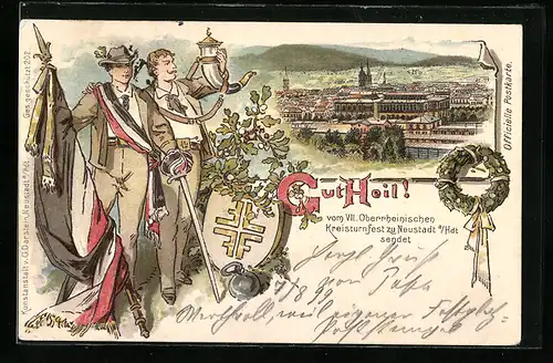 Lithographie Neustadt a. Hdt., VII. Oberrheinisches Turnfest, Turner mit Fahne und Füllhorn, Siegeskranz, Teilansicht