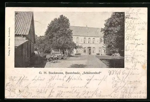 AK Buxtehude, Gasthaus Schützenhof G. H. Stackmann mit Nebengebäude und Fässern