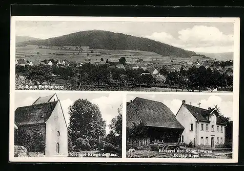 AK Rothselberg, Bäckerei und Kolonialwaren Eduard Appel, Prot. Kirche und Kriegerdenkmal