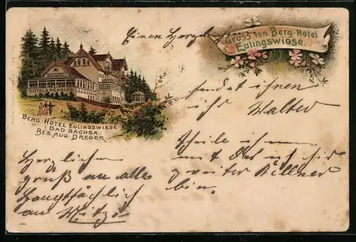 Lithographie Bad Sachsa, Berg-Hotel Eulingswiese von A. Dreger