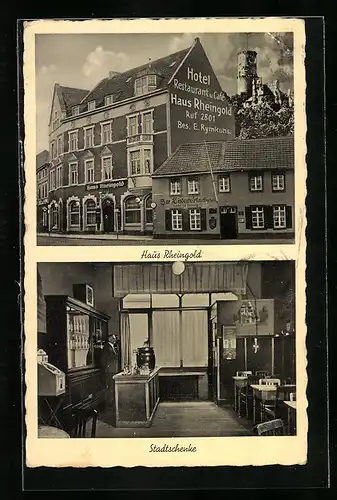 AK Bad Godesberg, Hotel, Restaurant u. Café Haus Rheingold, Bes. E. Rymkuhs, Stadtschenke