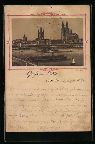 Vorläufer-Lithographie Cöln, 1891, Ortsansicht mit Dom und Rheindampfer