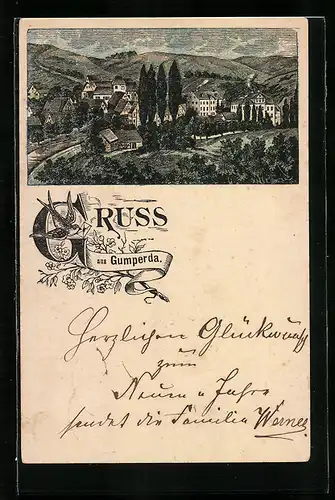 Lithographie Gumperda, Ortsansicht aus der Vogelschau