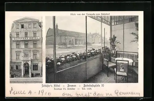 AK Bremen, Schäfer`s Hotel, Blick von der Veranda, Bahnhofsplatz 10