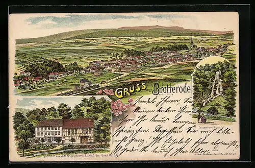 Lithographie Brotterode, Gasthof zum Adler E. Malsch, Gesamtansicht mit Bahnhof und Umgebung