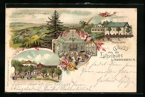 Lithographie Frankenberg / Sachsen, Gasthaus Lützelhöhe, Innenansicht, Gartenwirtschaft