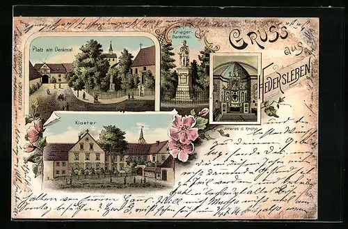 Lithographie Hedersleben, Platz am Denkmal, Kloster, Krieger-Denkmal