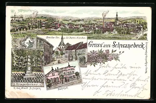 Lithographie Schwanebeck, Bahnhof, Kriegerdenkmal in den Städt. Anlagen, Breite-Strasse und St. Petri-Kirche