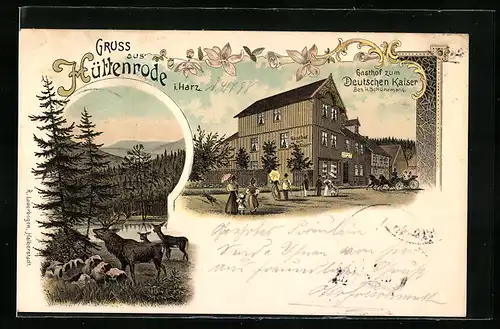Lithographie Hüttenrode i. Harz, Gasthof zum Deutschen Kaiser, Bes. H. Schünemann