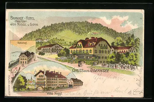 Lithographie Tegernsee, Bahnhof-Hotel mit Umgebung, Villa Niggl