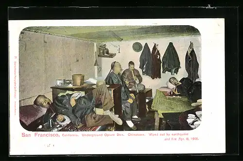 AK San Francisco, Underground Opium Den. Chinatown, Wiped out by earthquake and fire 1906, Chinesische Opiumpfeife