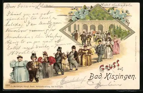Lithographie Bad Kissingen, Elegant gekleidete Personen im Park