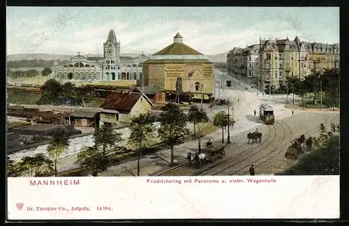 AK Mannheim, Friedrichsring mit Wagenhalle und Strassenbahn