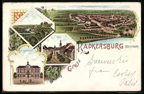 Lithographie Radkersburg, Totalansicht, Sparkasse