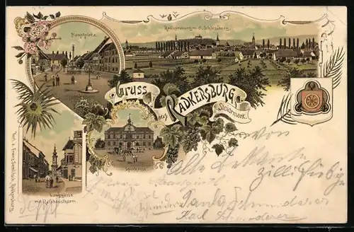 Lithographie Radkersburg, Hauptplatz, Langgasse mit Rathausturm, Sparkasse