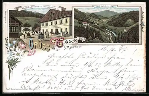 Lithographie Mariazell, Gasthof u. Pension zur steirischen Grenze v. Anton Koller