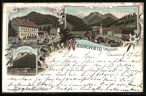 Lithographie Wegscheid b. Mariazell, Gasthaus zur Post, Bes. Adalb. Kain, Spielmäuer, Ortsansicht mit Graualpe