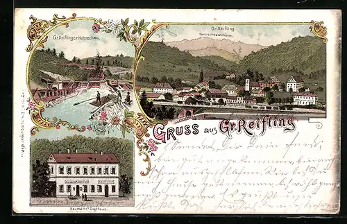 Lithographie Gr. Reifling, Baumanns Gasthaus, Ortsansicht aus der Vogelschau