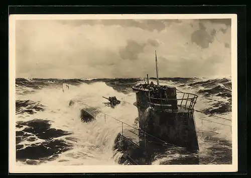 Künstler-AK Claus Bergen: U-Boot im Atlantik bei stürmischen Wellen