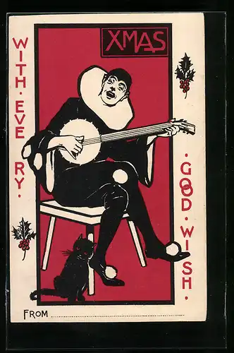Künstler-AK Harlekin, Grusskarte zum Weihnachtsfest, Misteln