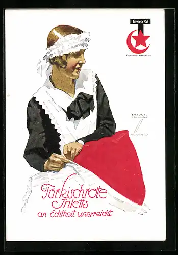 Künstler-AK Ludwig Hohlwein: Reklame für Türkischrote Inletts, Hausmädchen bezieht ein Kopfkissen, Art Deco