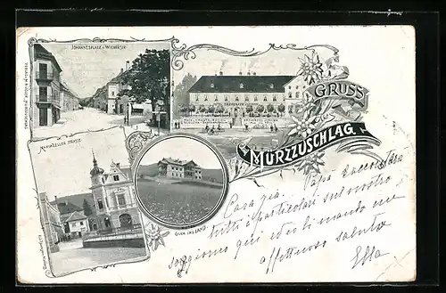 AK Mürzzuschlag, Hotel Erzherzog Johann, Mariazeller Strasse, Johannesplatz u. Wienerstrasse