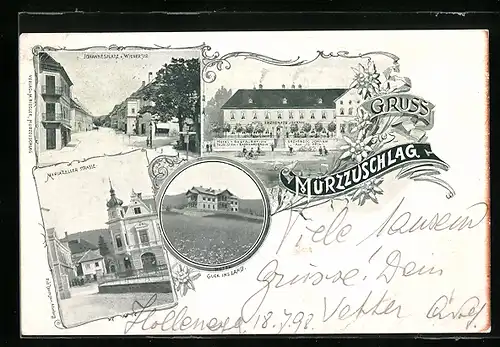 AK Mürzzuschlag, Hotel Erzherzog Johann, Mariazeller Strasse, Johannesplatz u. Wienerstrasse