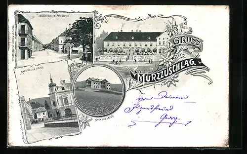 AK Mürzzuschlag, Hotel Erzherzog Johann, Mariazeller Strasse, Johannesplatz u. Wienerstrasse