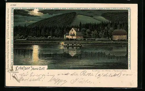 Lithographie Maria Zell a. Erlafsee, Bootspartie im Mondschein