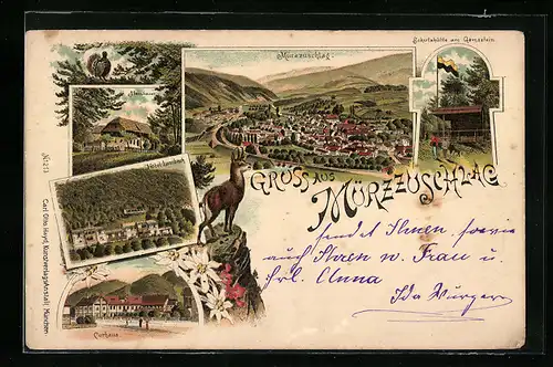 Lithographie Mürzzuschlag, Hotel Lambach, Curhaus, Steinbauer