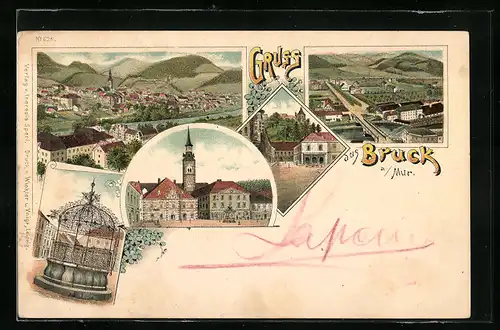 Lithographie Bruck a / Mur, Gesamtansicht, Gothischer Brunnen, Teilansicht