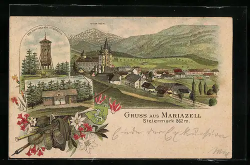Lithographie Mariazell, Erzh. Franz Karls-Höhe, Schutzhaus u.d. Bürgeralpl, Totalansicht mit Kirche
