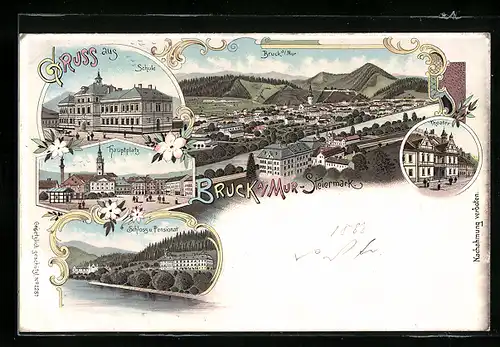 Lithographie Bruck a. Mur, Schloss und Pensionat, Hauptplatz, Schule