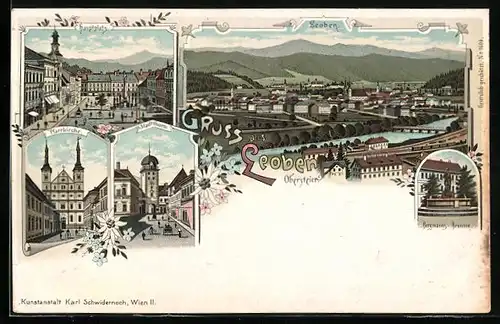 Lithographie Leoben, Pfarrkirche, Neue Bergakademie und Bergmanns-Brunnen