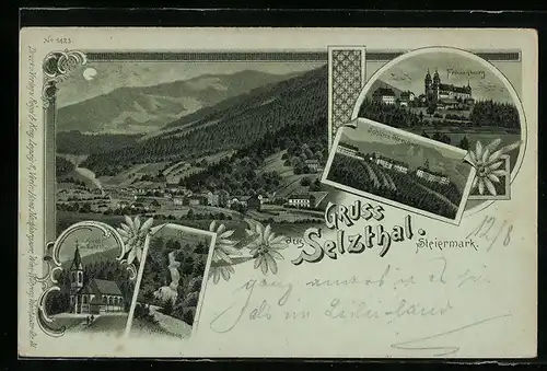 Lithographie Selzthal, Kirche, Klamm, Schloss Strechau, Frauenberg