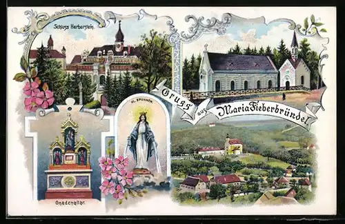 Lithographie Kaibing, Maria Fieberbründl, Schloss Herberstem, Kirche, Totalansicht