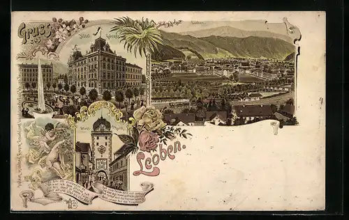 Lithographie Leoben, Hotel Gärner, Stadtturm, Gesamtansicht, Engel