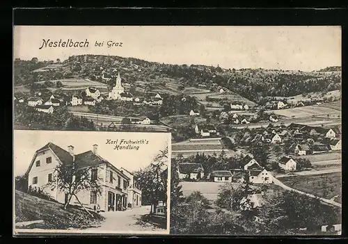 AK Nestelbach b. Graz, Gesamtansicht und Karl Fruhwirth`s Handlung